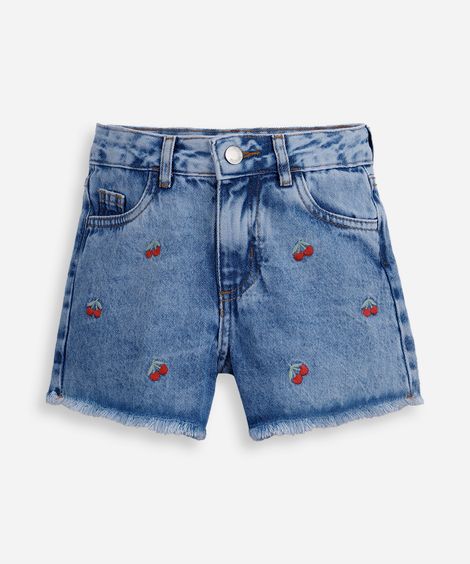 short mom infantil jeans bordado cerejas  azul