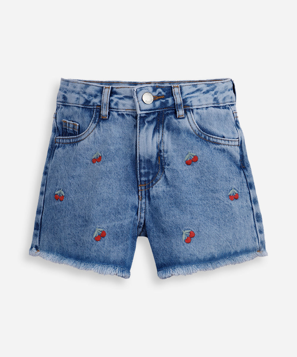 short mom infantil jeans bordado cerejas  azul