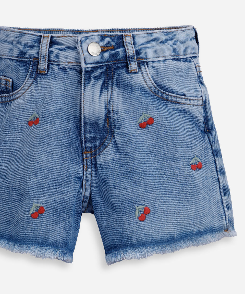 short mom infantil jeans bordado cerejas  azul