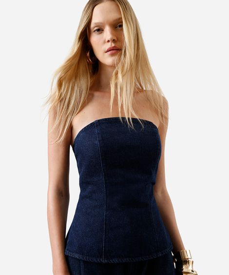 blusa feminina jeans sem alça azul