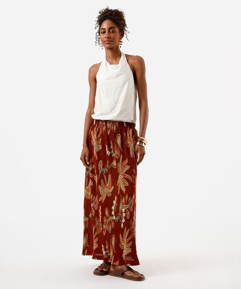 saia midi feminina plissada folhagens  marrom