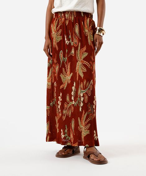 saia midi feminina plissada folhagens  marrom