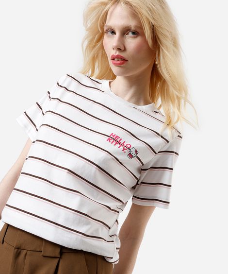camiseta feminina com algodão hello kitty listrada off white
