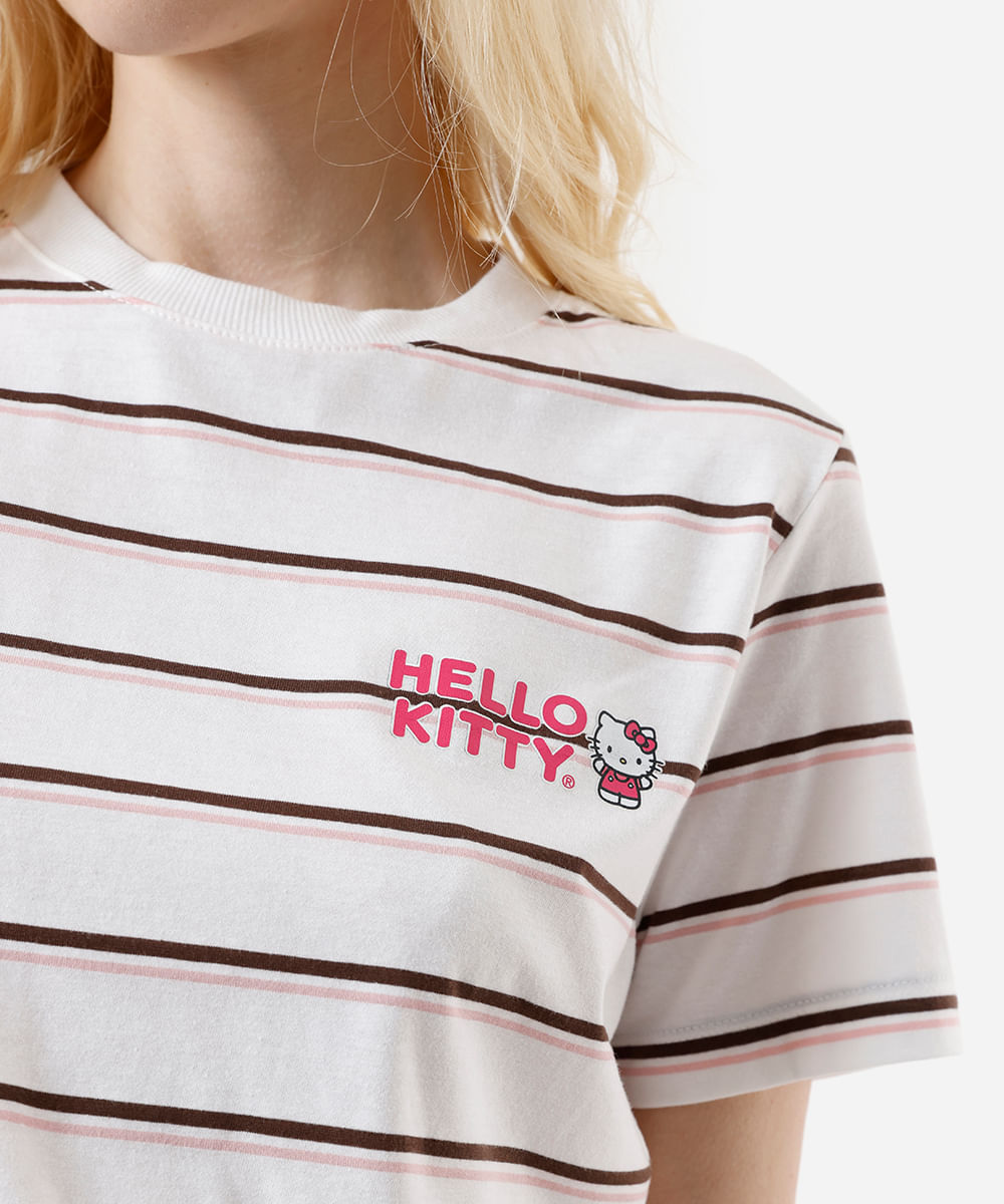camiseta feminina com algodão hello kitty listrada off white