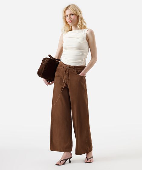 calça wide leg feminina de sarja com cordão marrom