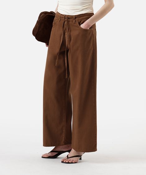 calça wide leg feminina de sarja com cordão marrom