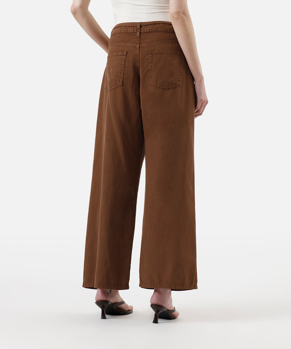 calça wide leg feminina de sarja com cordão marrom