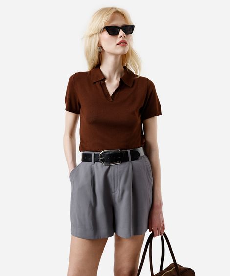 polo básica feminina de tricot manga curta marrom