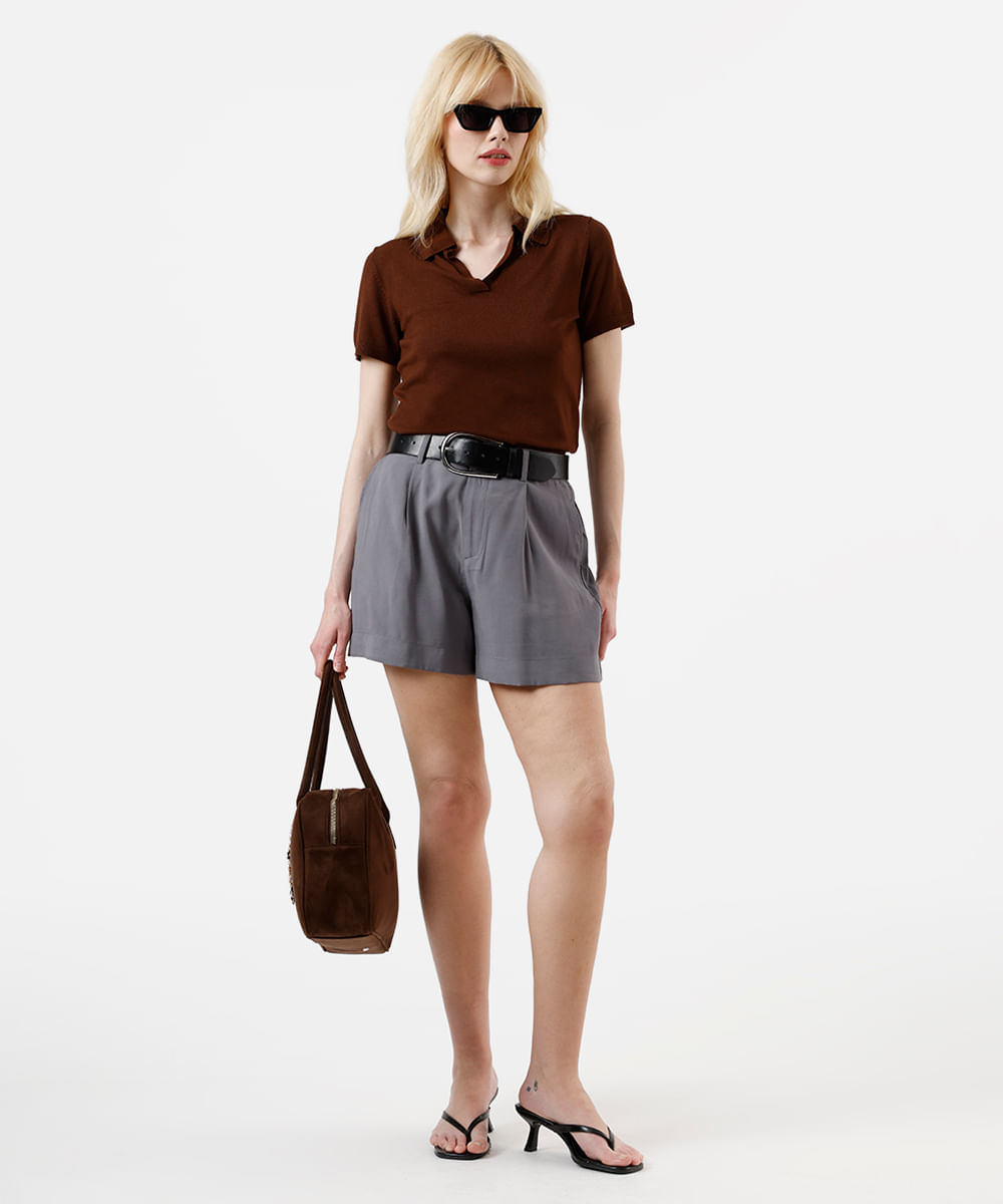 polo básica feminina de tricot manga curta marrom