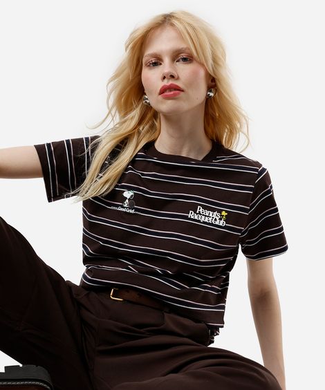 camiseta feminina com algodão snoopy listrada - marrom escuro