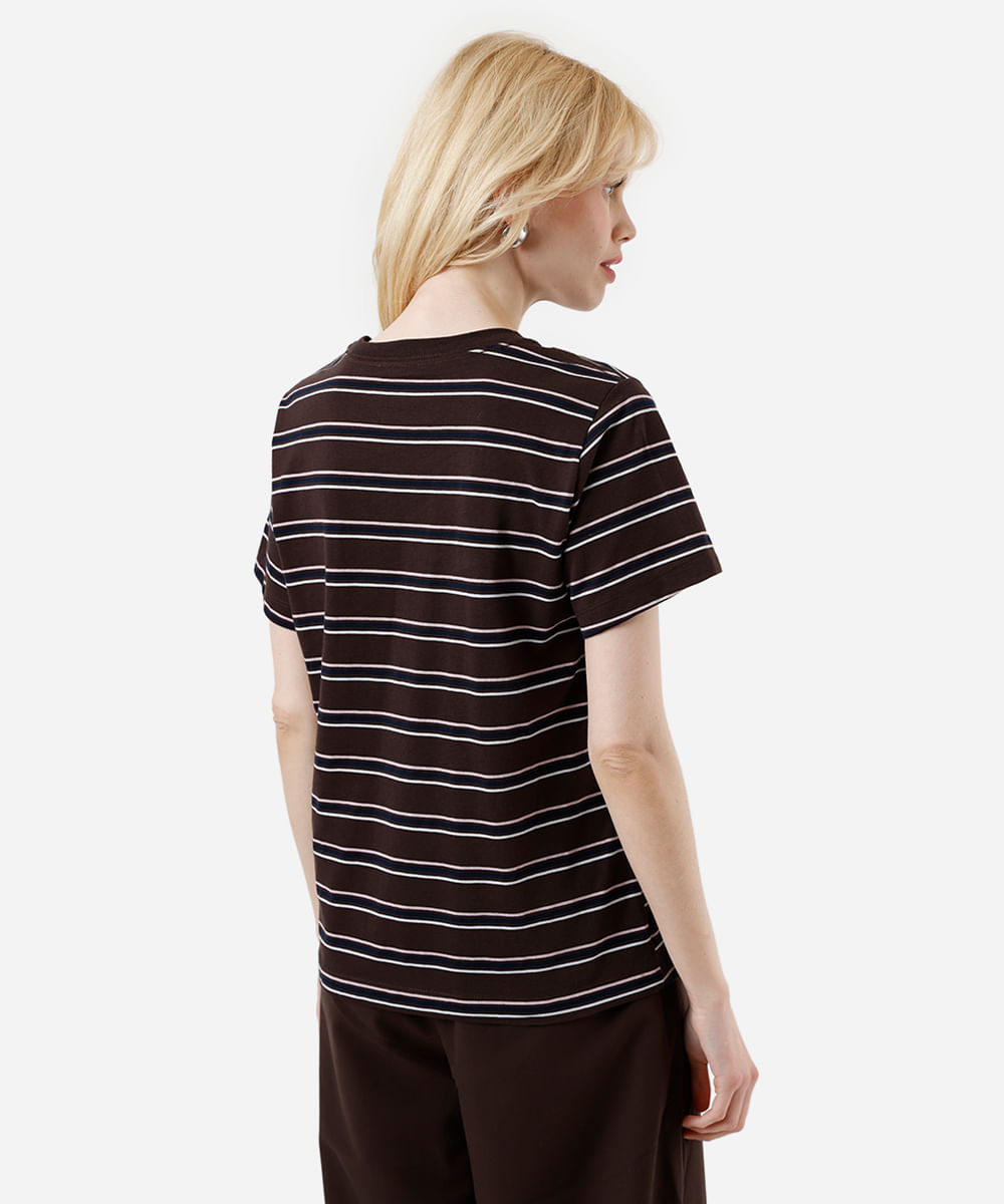 camiseta feminina com algodão snoopy listrada - marrom escuro