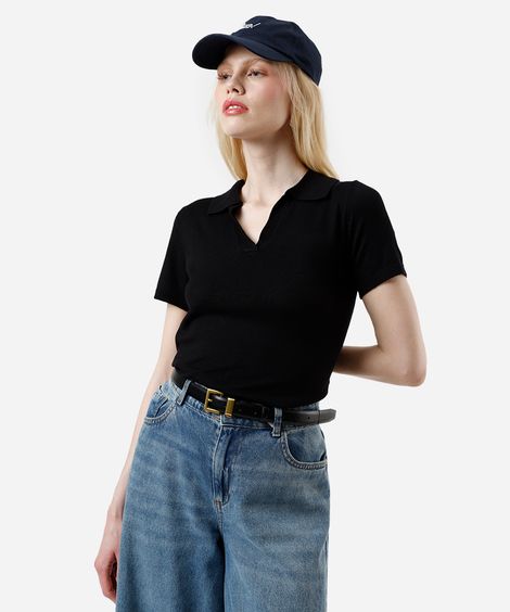 polo básica feminina de tricot manga curta preta