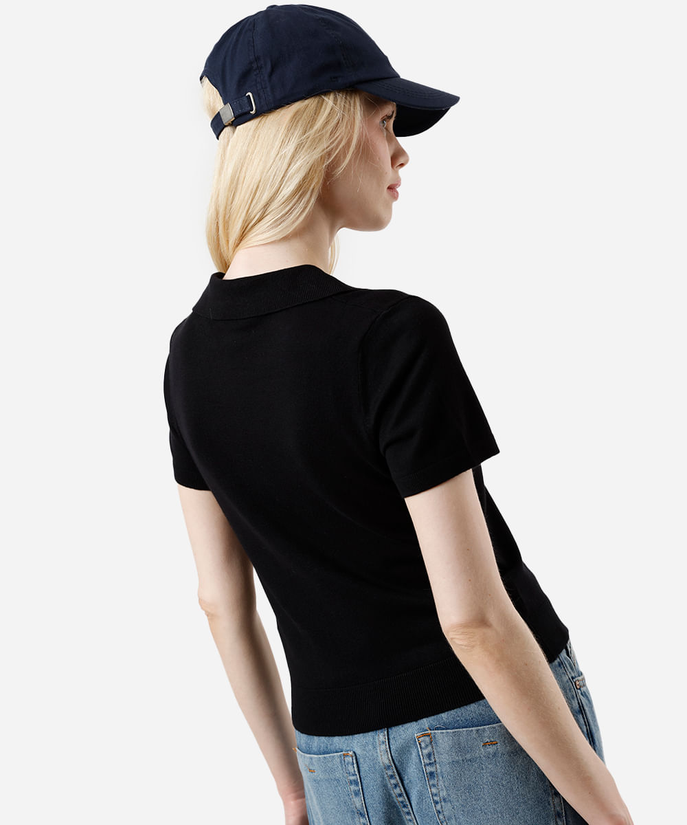 polo básica feminina de tricot manga curta preta
