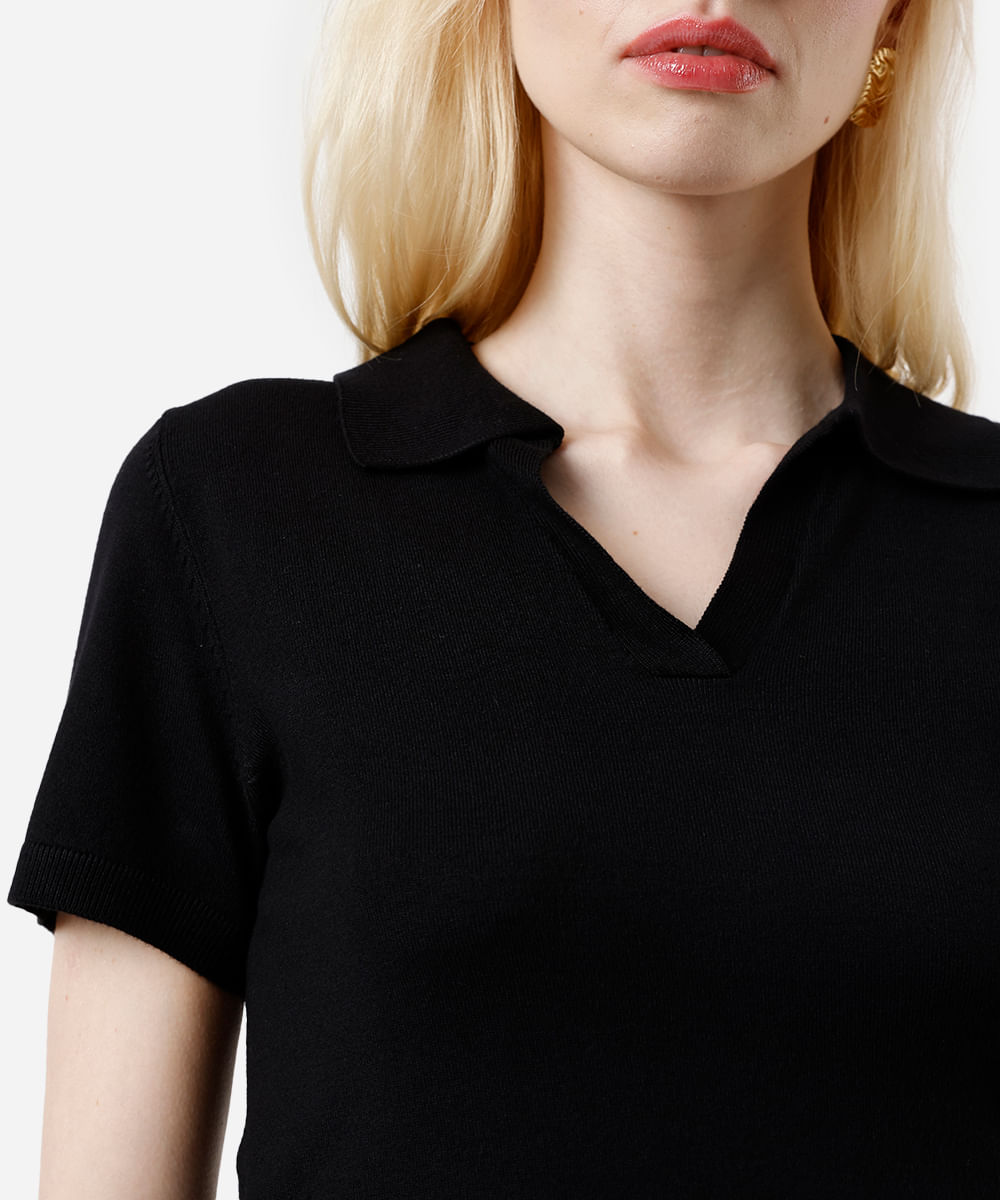 polo básica feminina de tricot manga curta preta