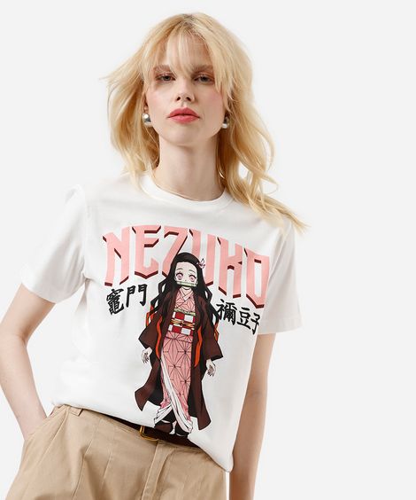 camiseta feminina de algodão demon slayer off white