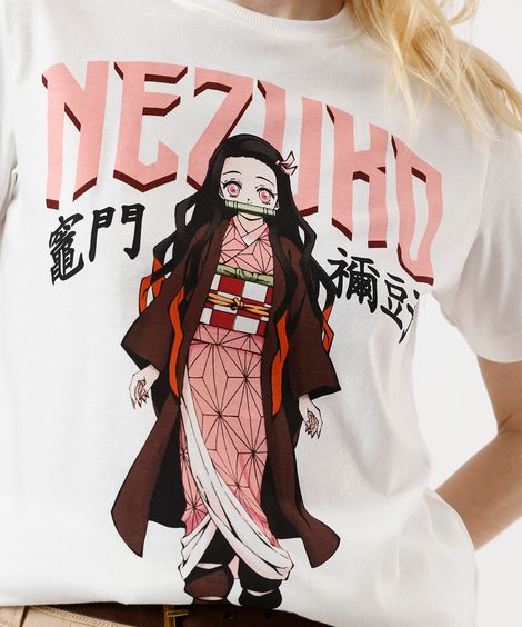 camiseta feminina de algodão demon slayer off white