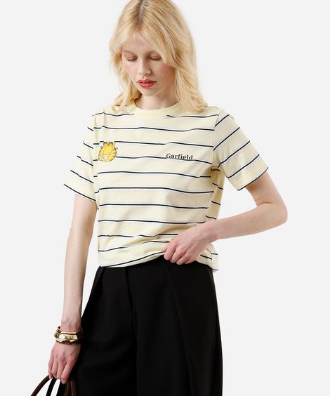 camiseta feminina com algodão garfield listrada amarela