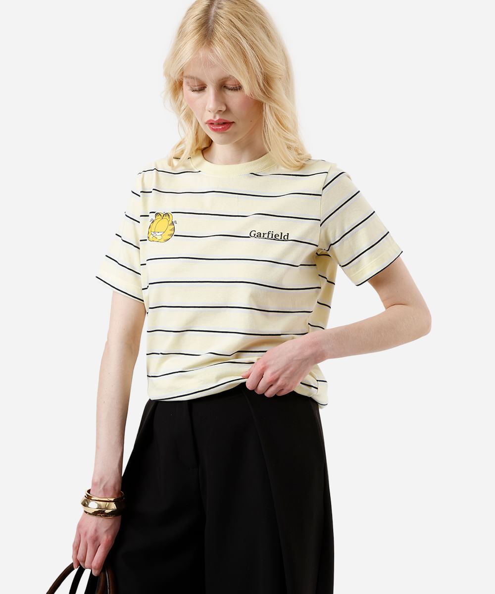 camiseta feminina com algodão garfield listrada amarela