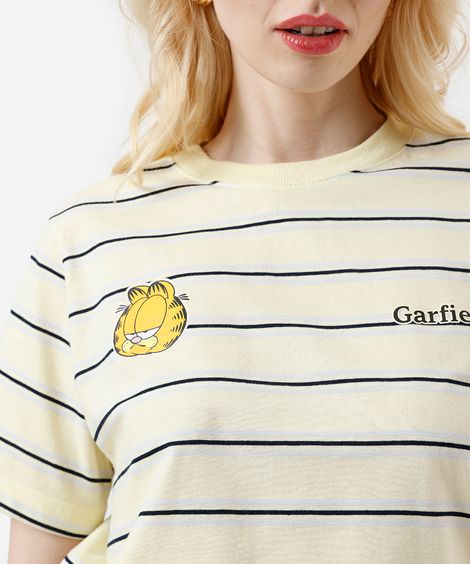camiseta feminina com algodão garfield listrada amarela