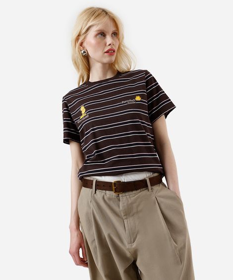 camiseta feminina com algodão garfield listrada marrom
