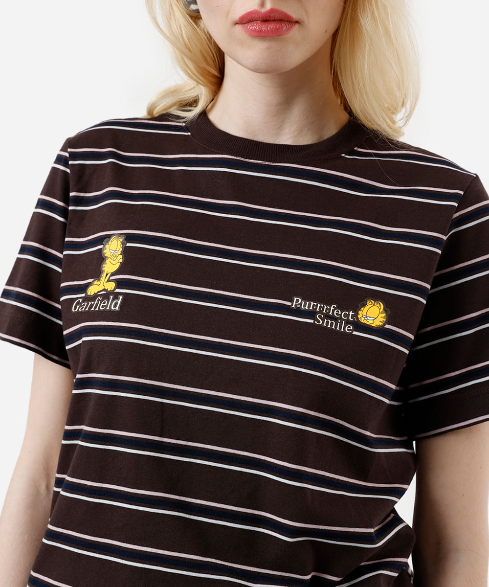 camiseta feminina com algodão garfield listrada marrom