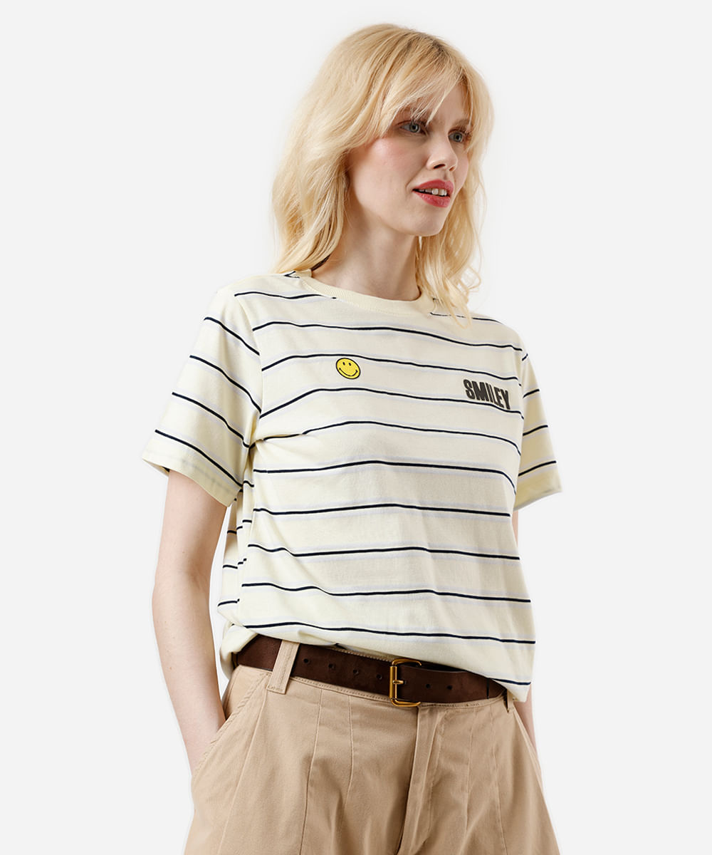 camiseta feminina com algodão smiley listrada amarela