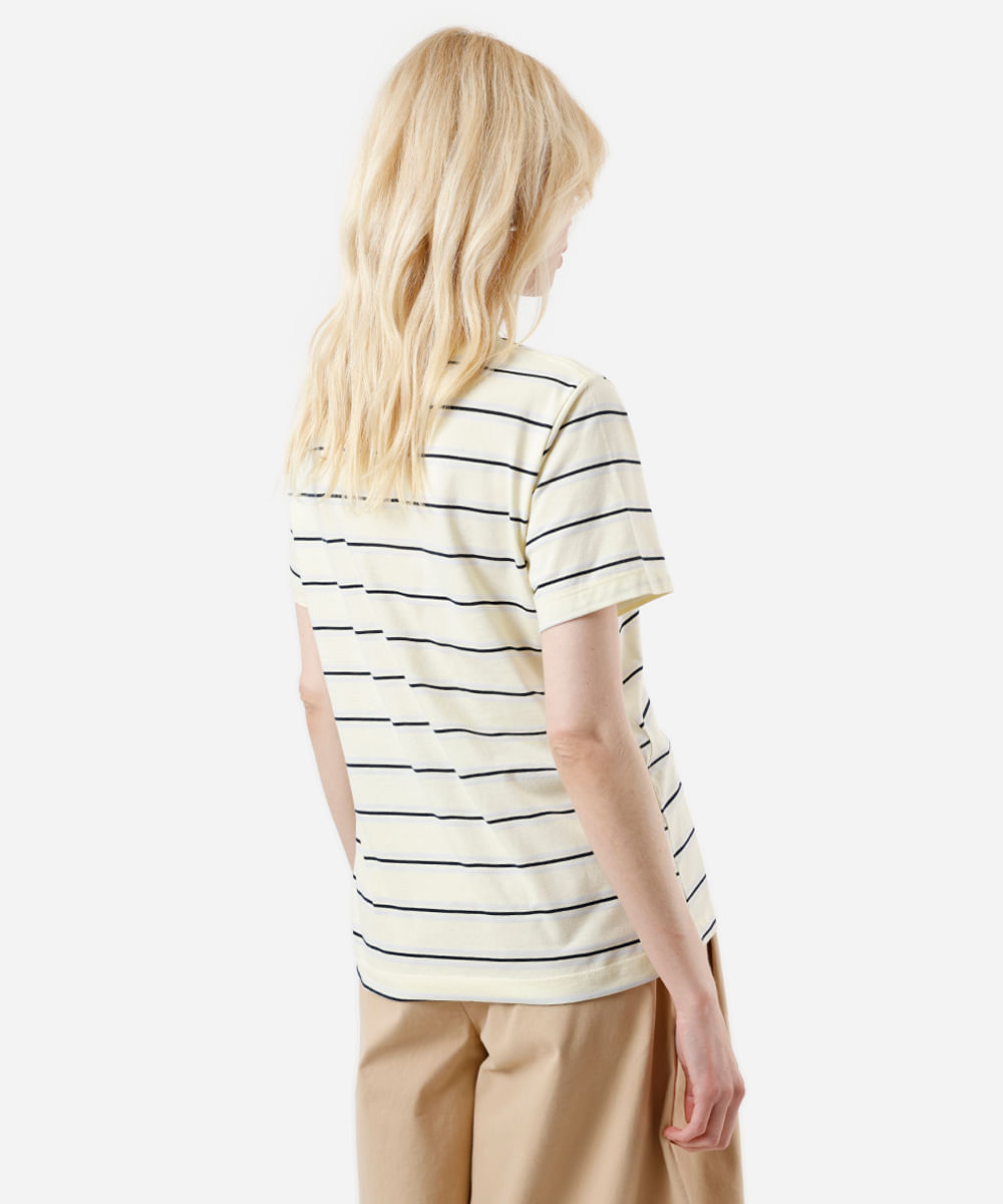 camiseta feminina com algodão smiley listrada amarela