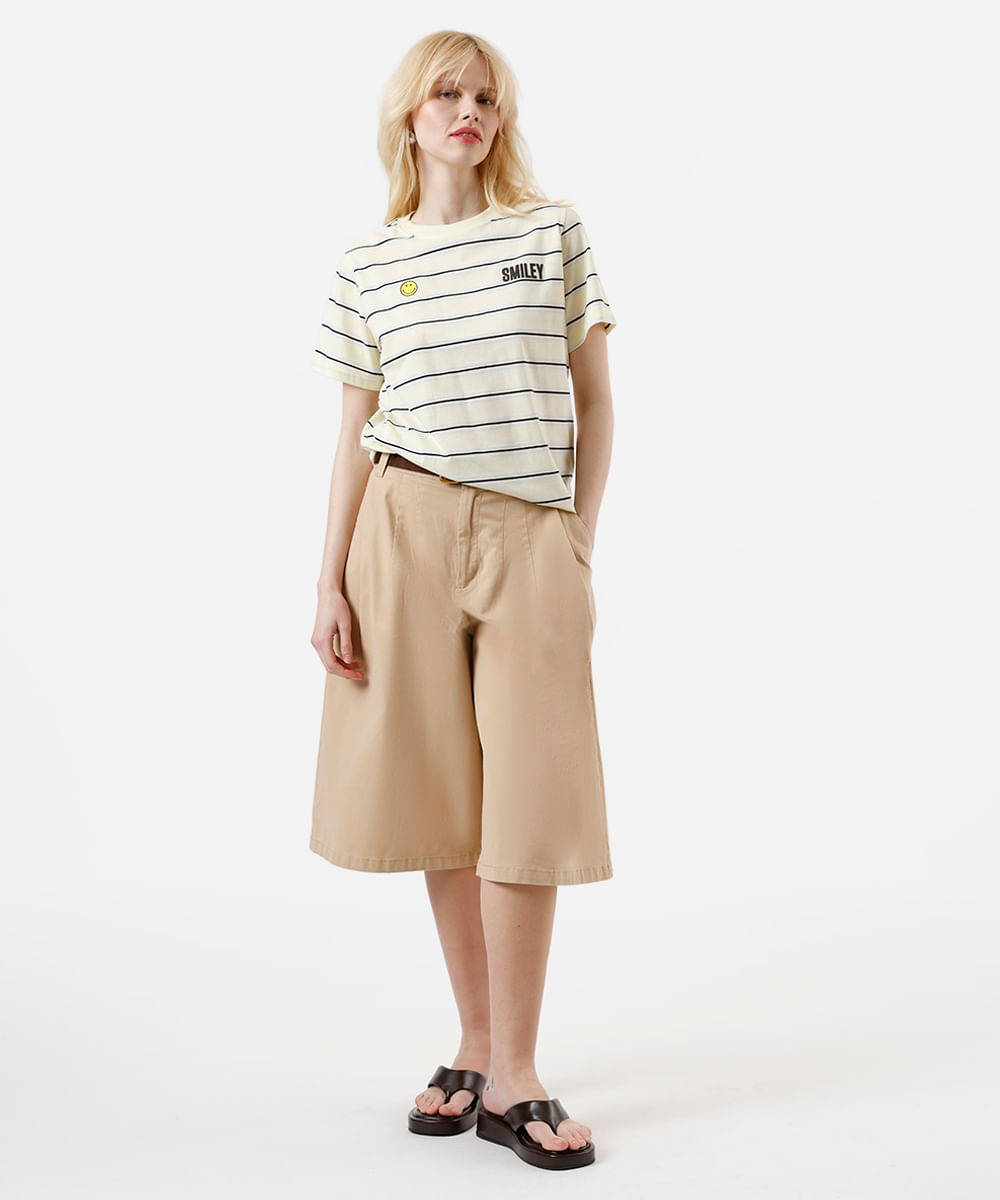 camiseta feminina com algodão smiley listrada amarela