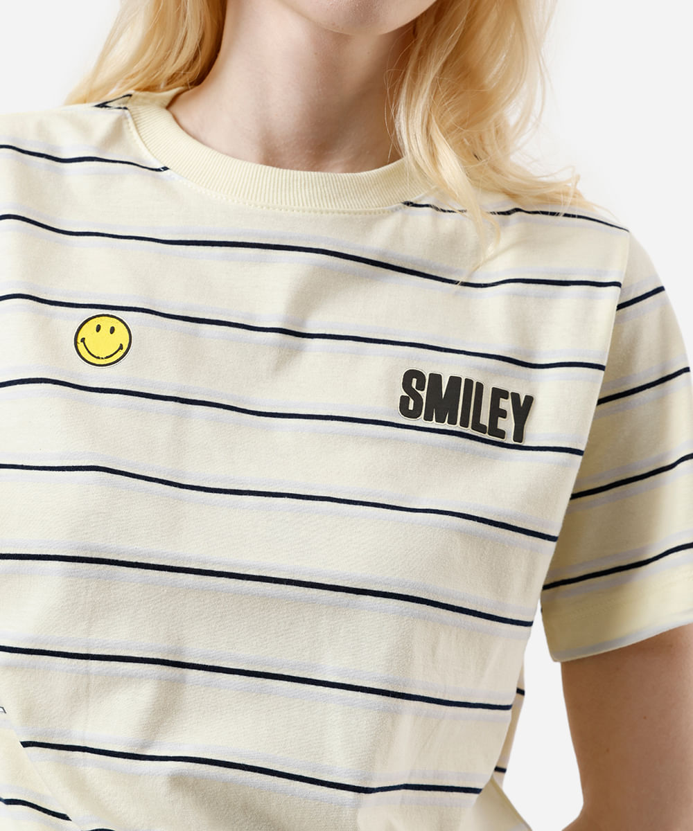 camiseta feminina com algodão smiley listrada amarela
