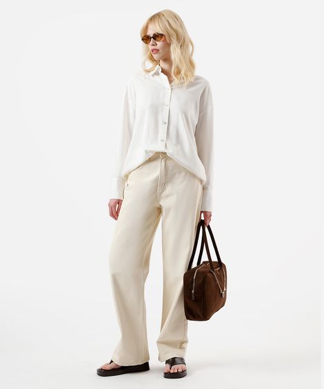 calça wide leg slim feminina de sarja cintura alta amarela