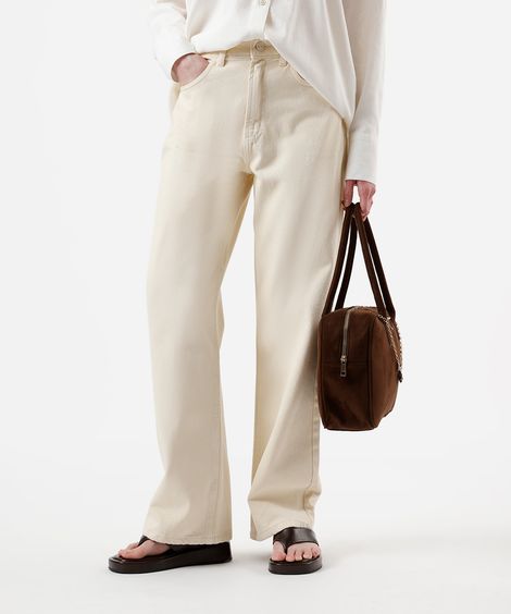 calça wide leg slim feminina de sarja cintura alta amarela