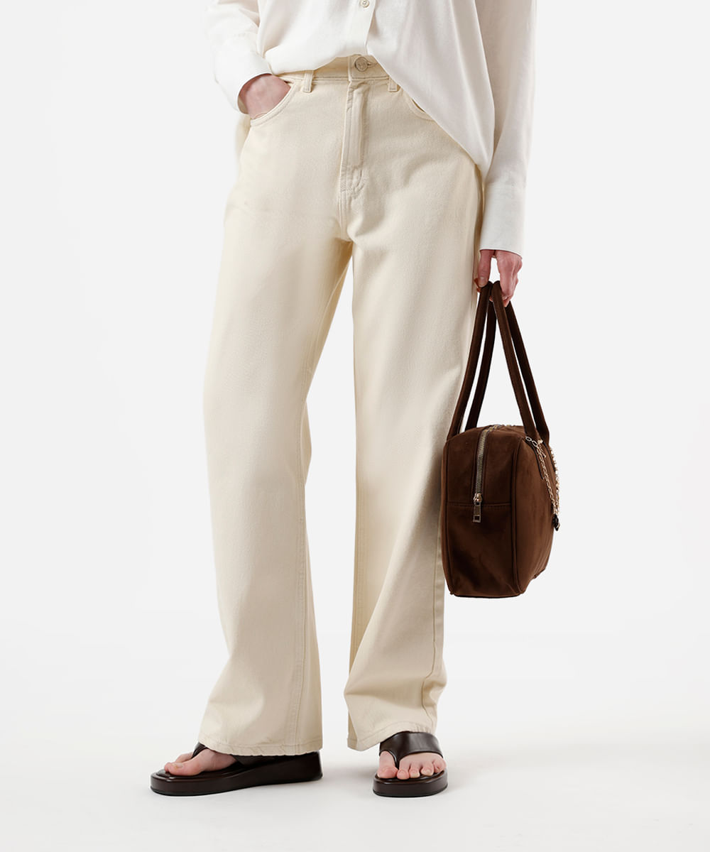calça wide leg slim feminina de sarja cintura alta amarela