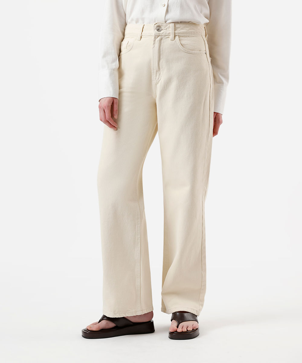 calça wide leg slim feminina de sarja cintura alta amarela