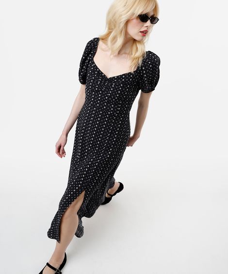 vestido midi feminino de viscose com fenda estampado preto