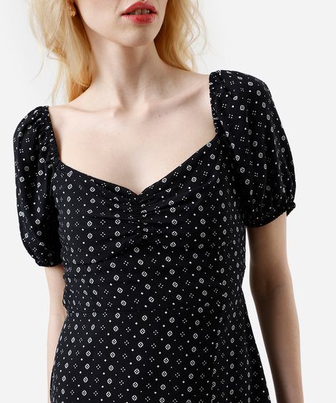 vestido midi feminino de viscose com fenda estampado preto