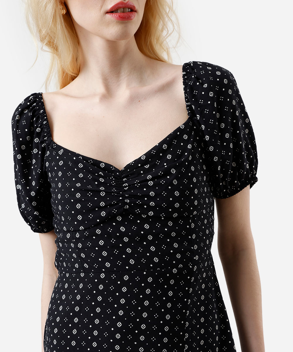 vestido midi feminino de viscose com fenda estampado preto