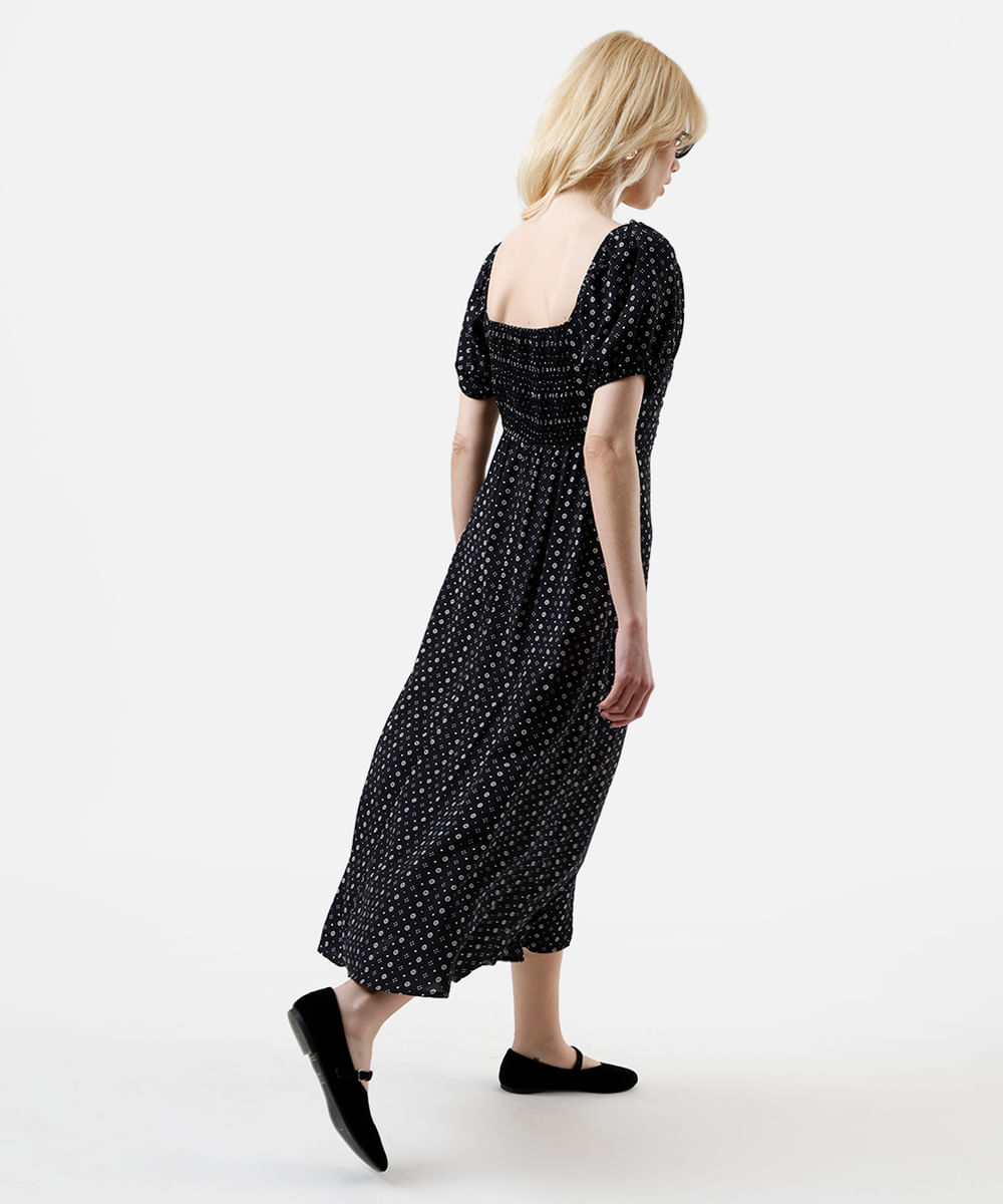 vestido midi feminino de viscose com fenda estampado preto