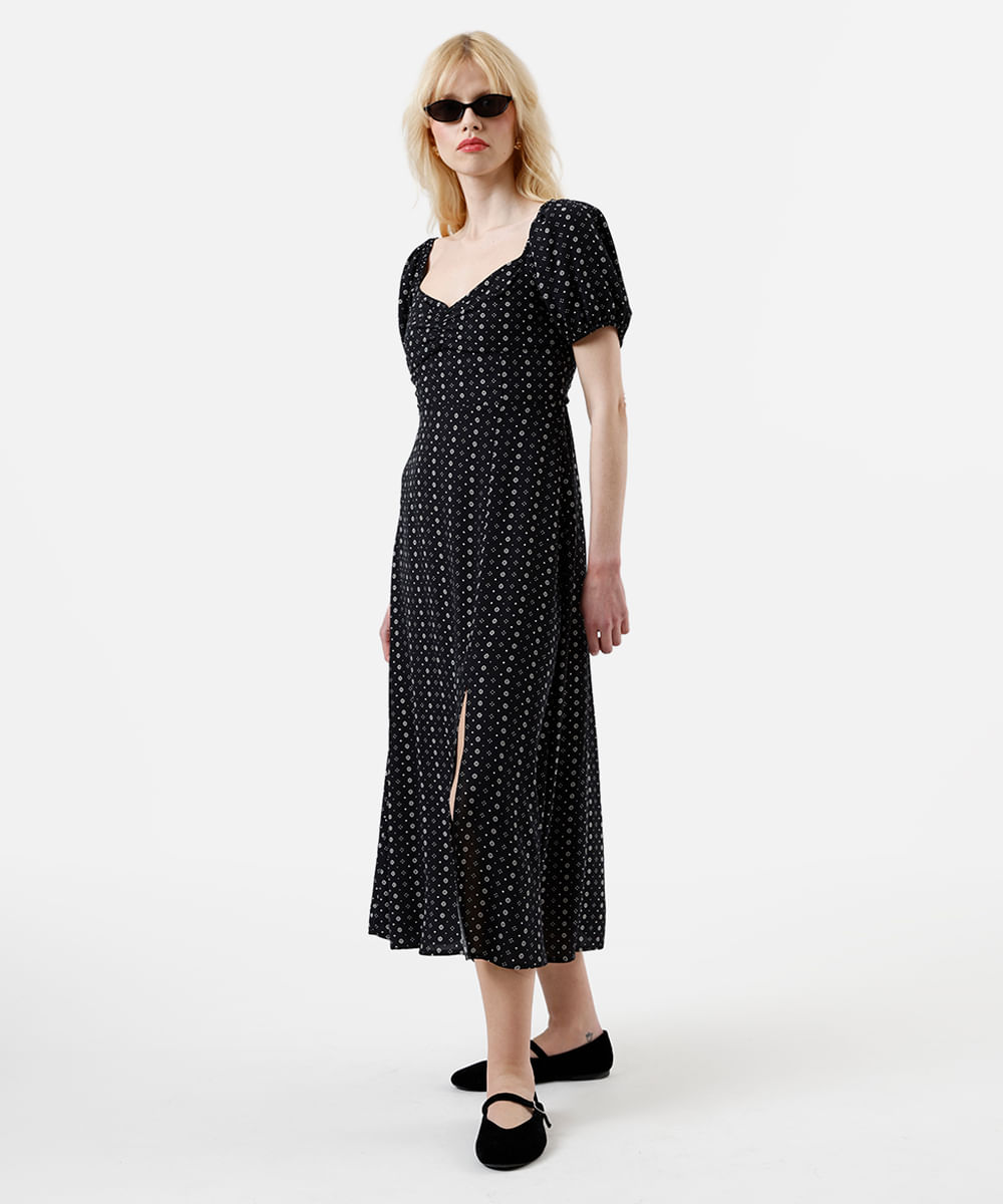vestido midi feminino de viscose com fenda estampado preto