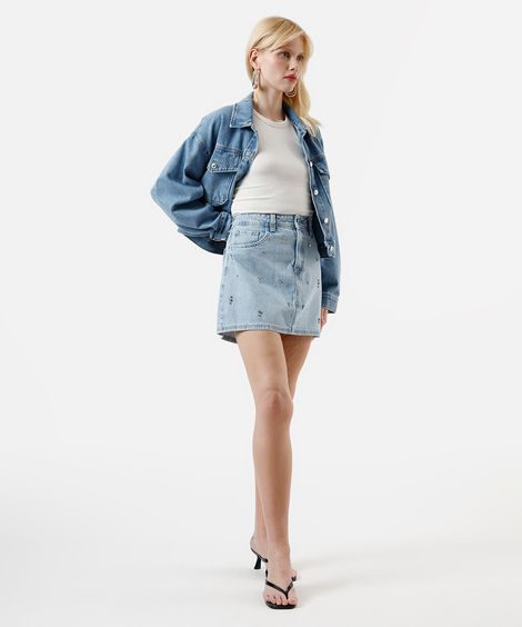 saia curta feminina jeans com brilhos azul