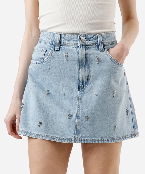 saia curta feminina jeans com brilhos azul