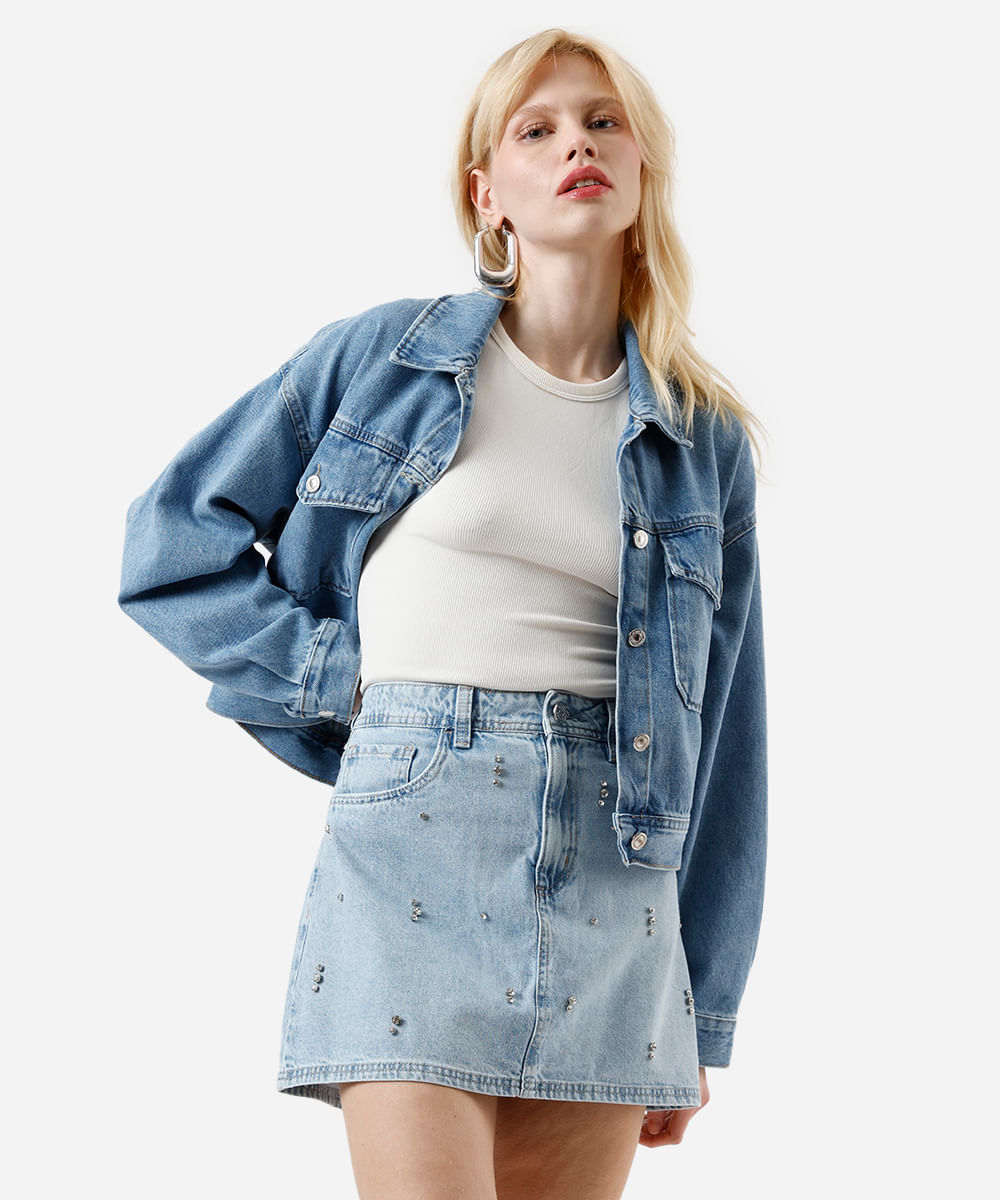 saia curta feminina jeans com brilhos azul