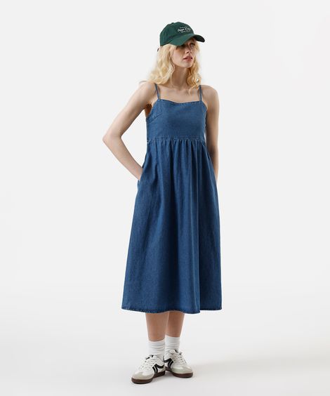 vestido midi feminino jeans alça fina com bolsos azul