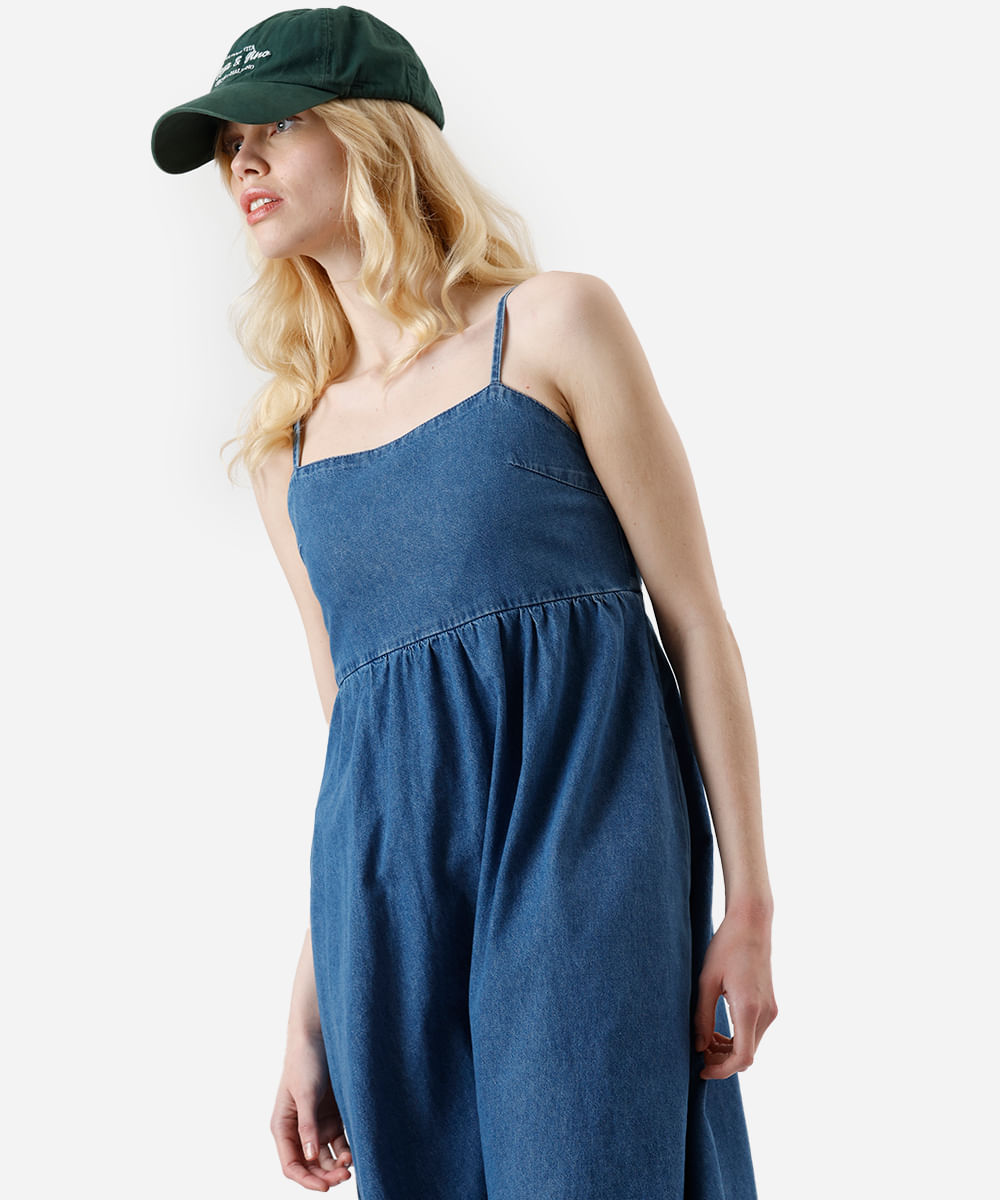 vestido midi feminino jeans alça fina com bolsos azul
