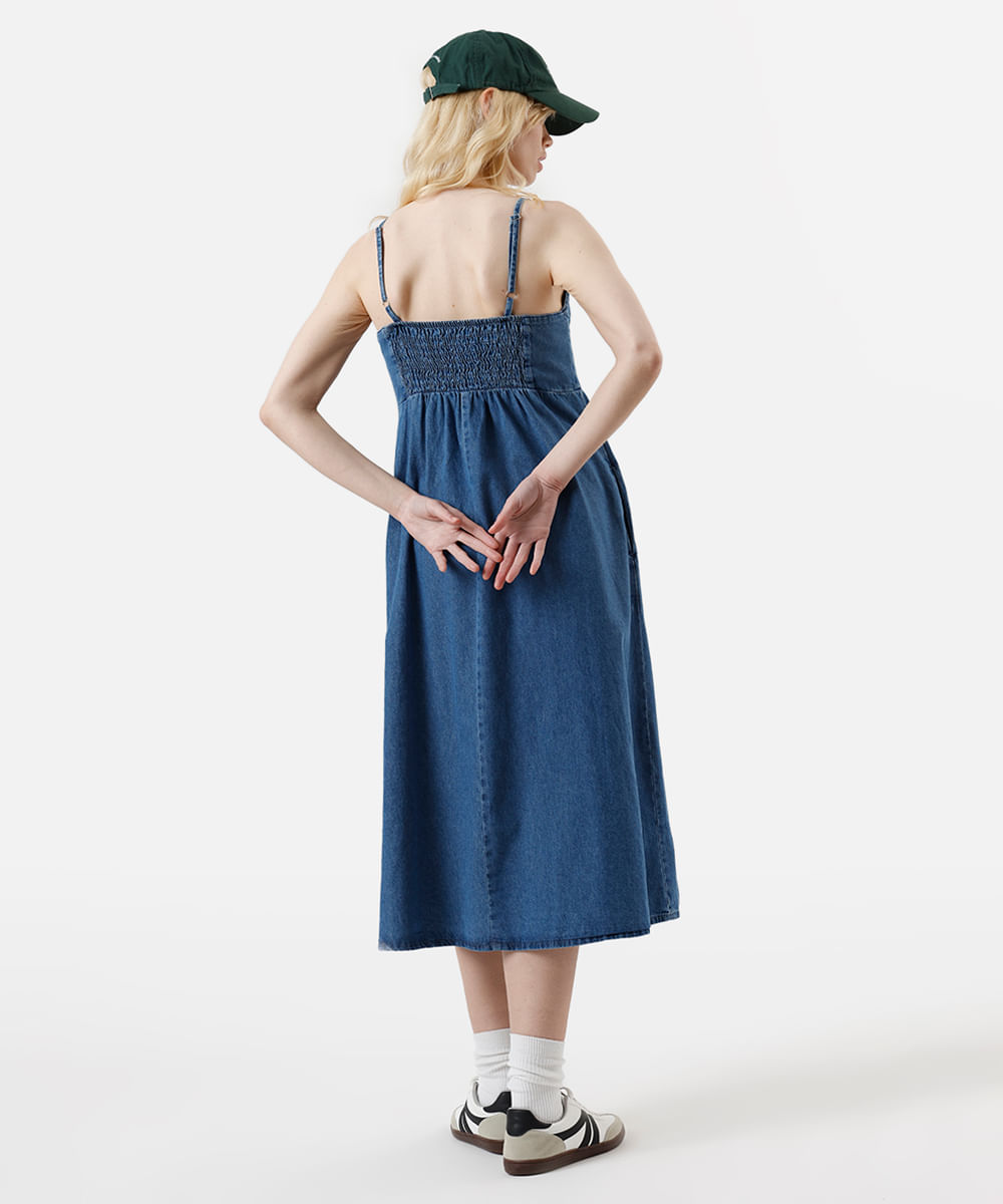 vestido midi feminino jeans alça fina com bolsos azul