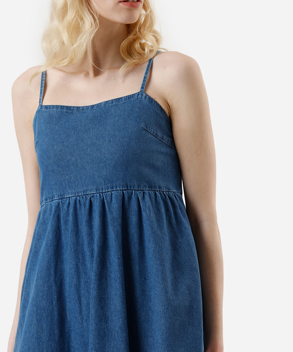 vestido midi feminino jeans alça fina com bolsos azul