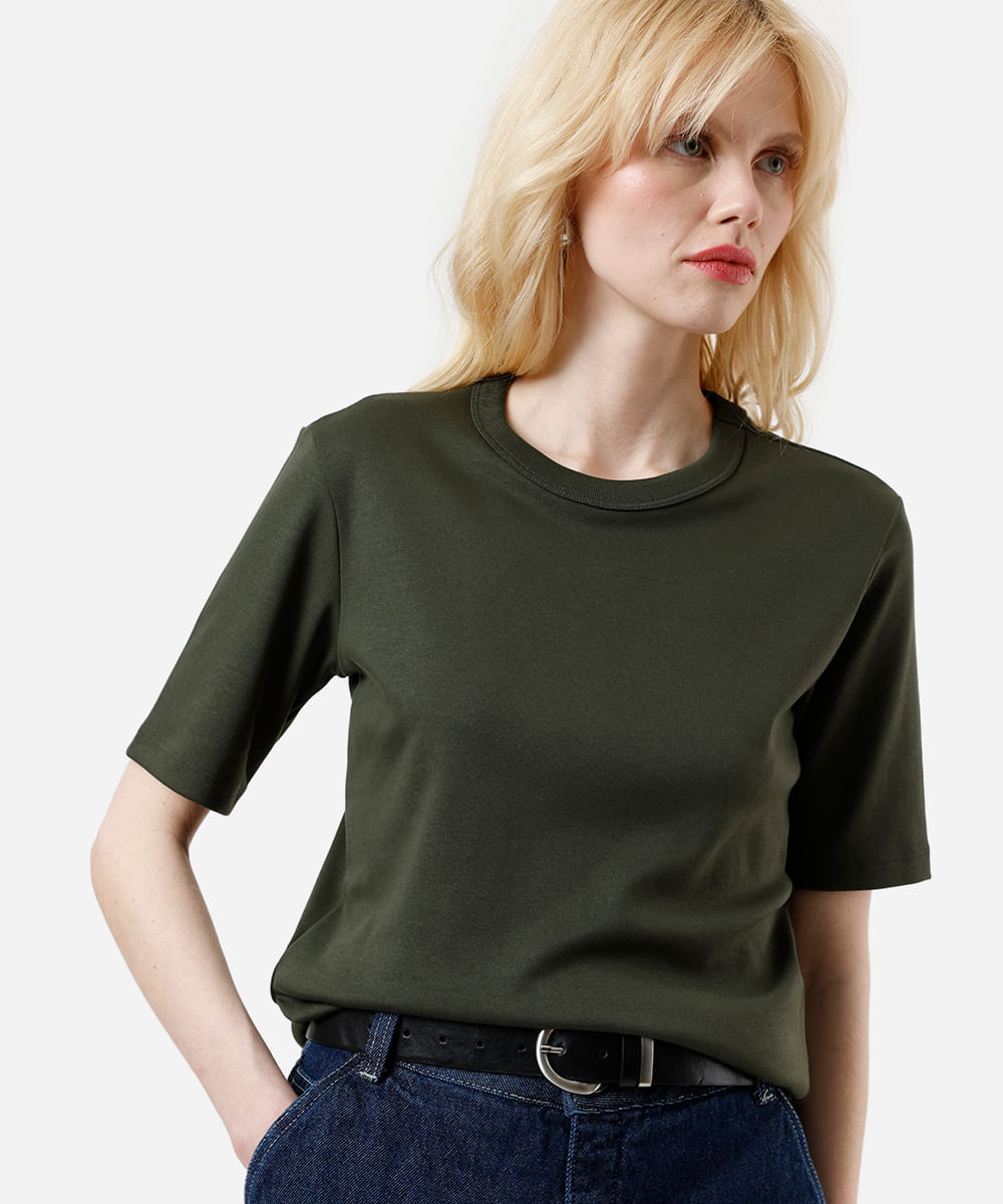 camiseta básica feminina de algodão peruano manga curta verde