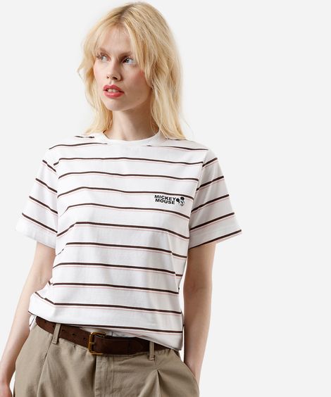 camiseta feminina com algodão mickey listrada off white