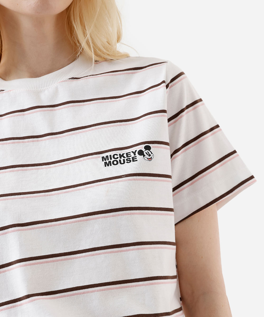 camiseta feminina com algodão mickey listrada off white