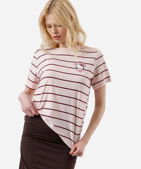 camiseta feminina com algodão hello kitty listrada rosa