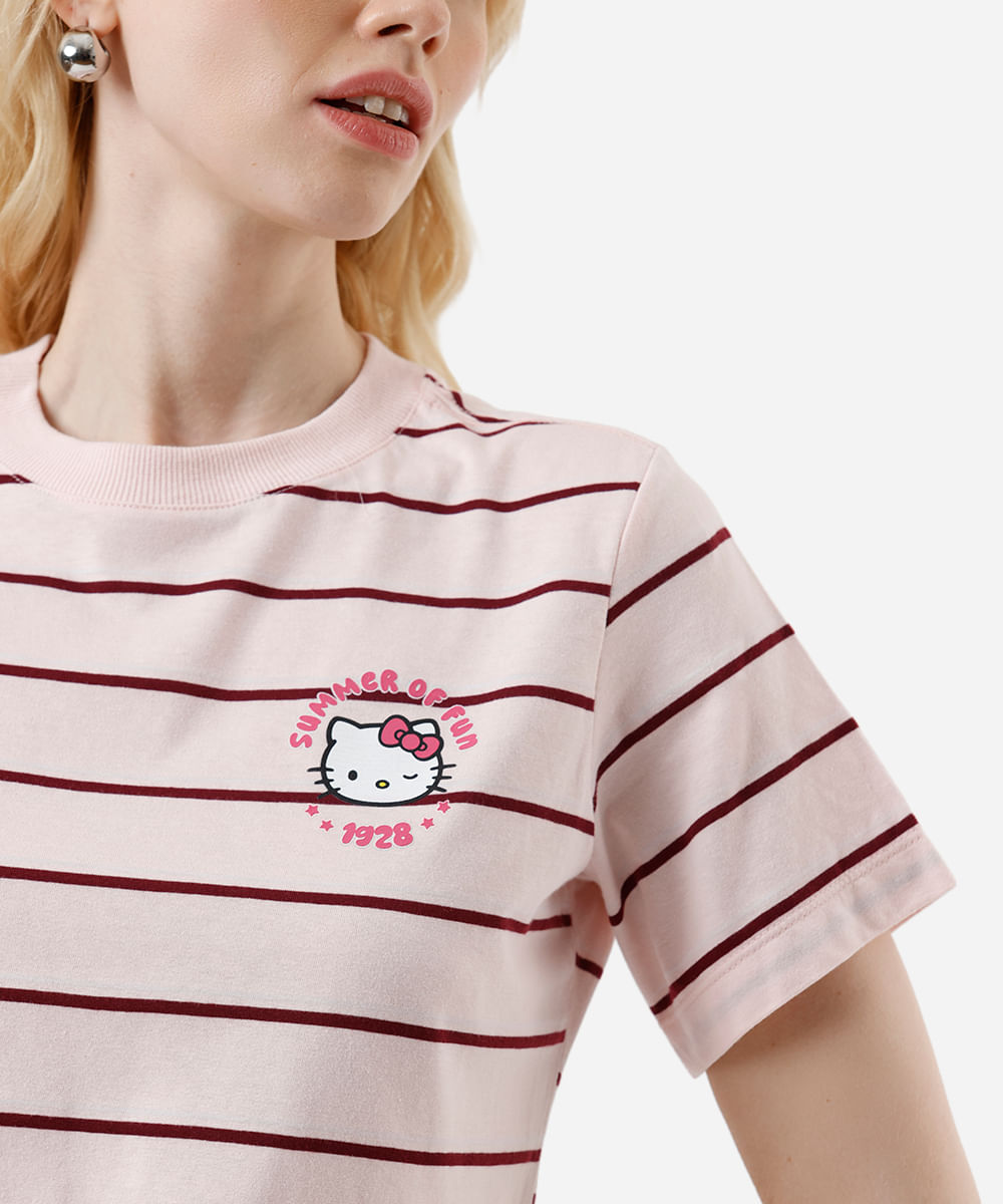 camiseta feminina com algodão hello kitty listrada rosa